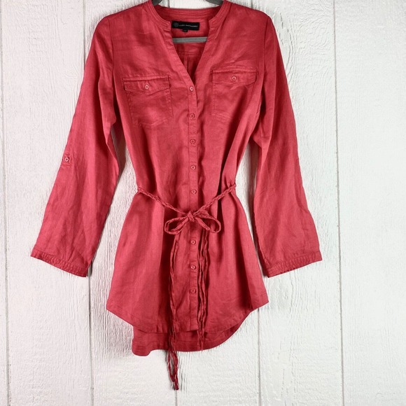 Lady Hathaway Button Up Red Tunic S/P Braided Fringe Belt 100% Linen Valentine's - Picture 3 of 16